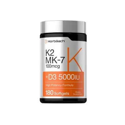 Horbaach Vitamin K2 MK-7 100 mcg + D3 5000 IU High Potency Formula – 180 Softgels